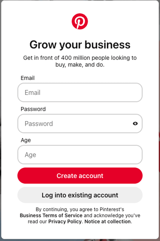 Pinterest Grow Your Business account creation
