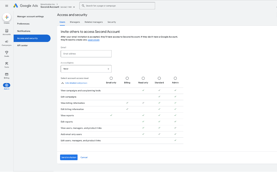 Google Ad Manager send invitation
