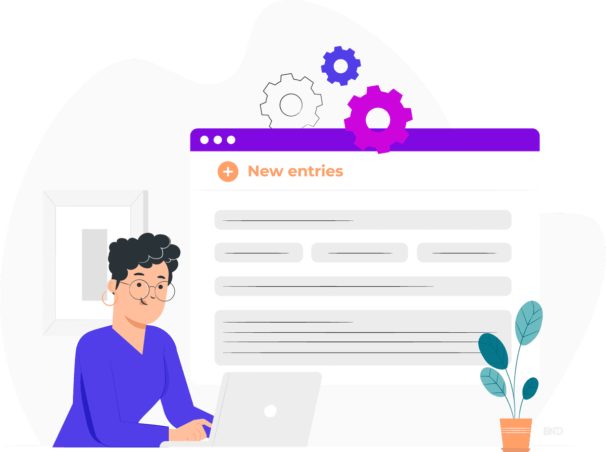 graphic of a businessperson in front of a computer screen that says New Entries