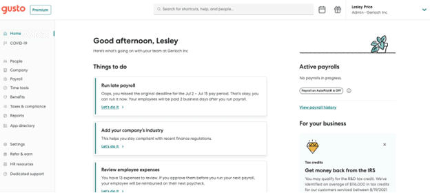 Gusto home dashboard