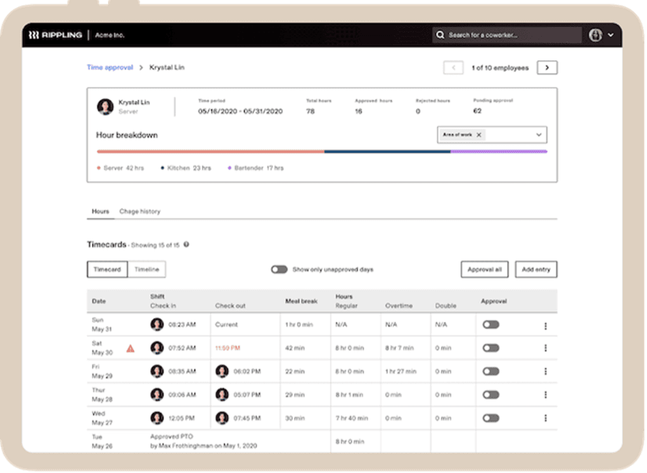 Rippling time-tracking data