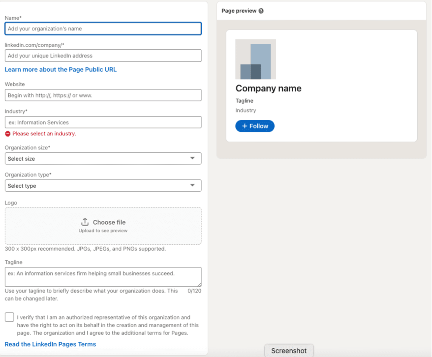 LinkedIn's entering company info