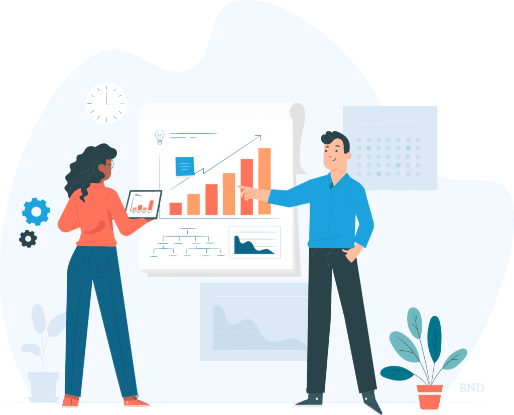 graphic of two people standing in front of a graph