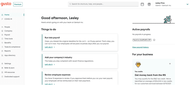 Gusto home dashboard