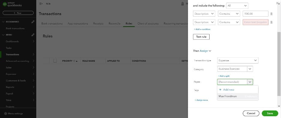 Quickbooks payee