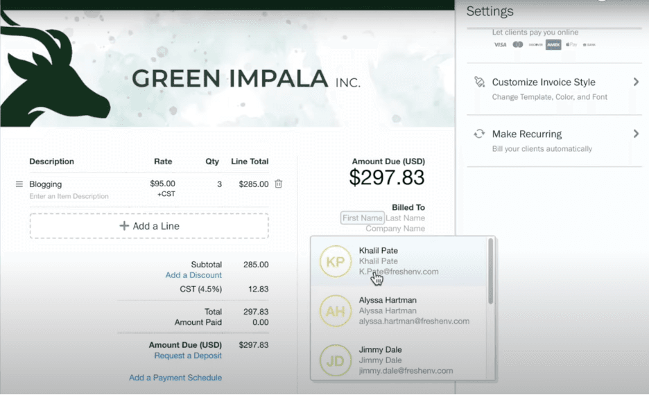 FreshBooks invoices