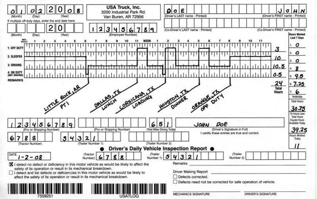 Department of Transportation driver logbook