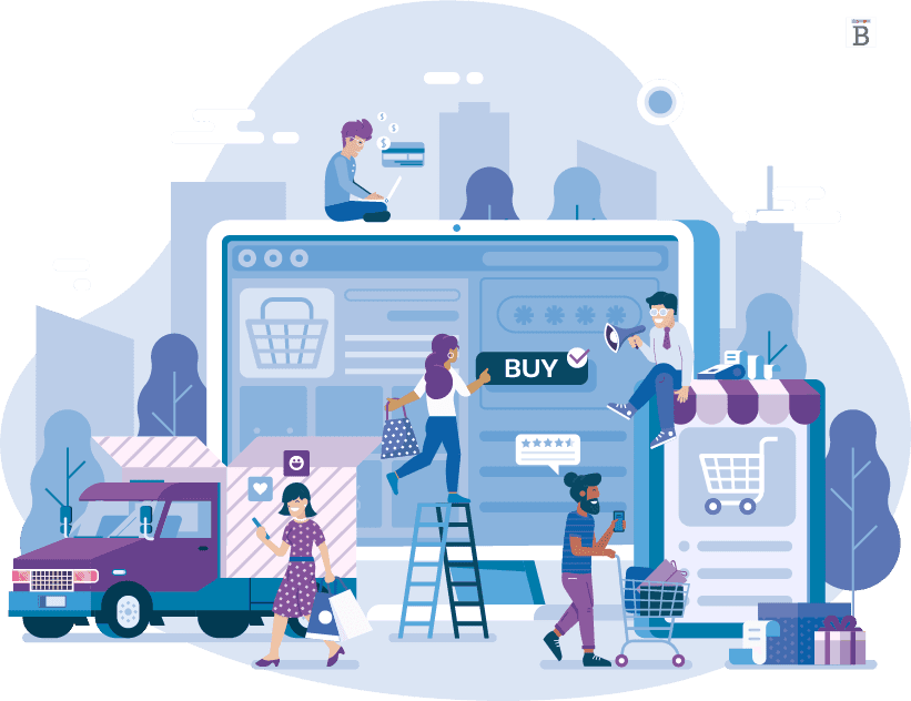 graphic of people shopping in front of a large computer screen