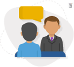 graphic of someone being interviewed with a word bubble above their head