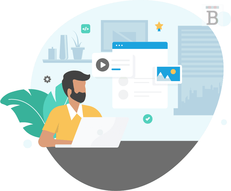 graphic of a businessperson at a laptop in front of internet windows