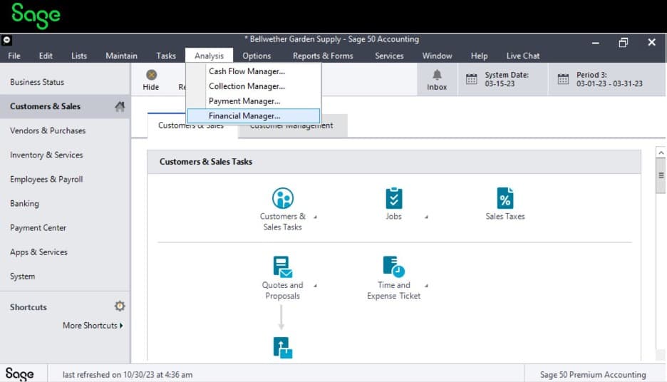 Sage 50 drop down menu