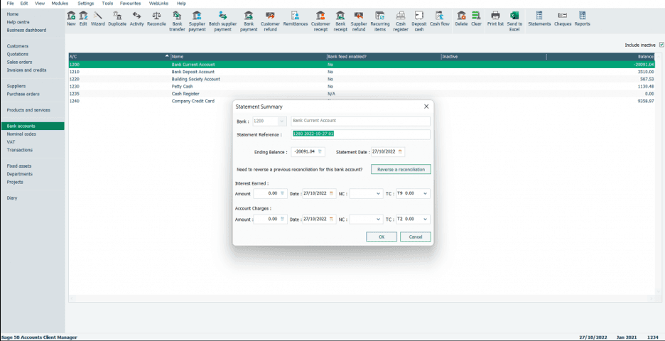Sage 50 bank accounts