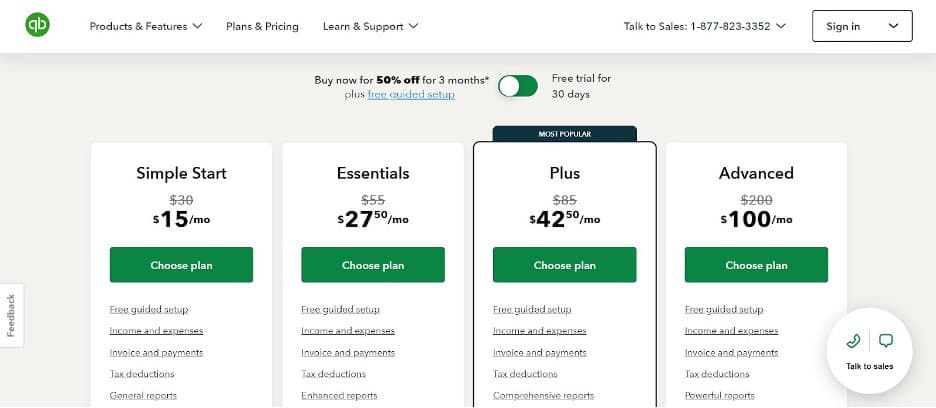 Quickbooks pricing table
