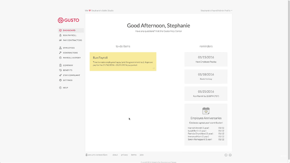 Gusto dashboard