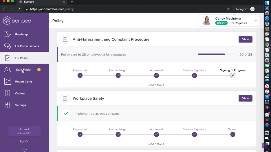 Bambee HR policy dashboard