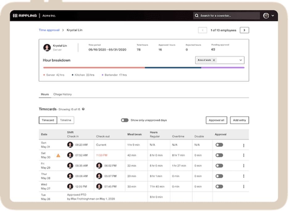 Rippling time-tracking data