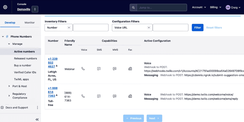 Twilio API central console