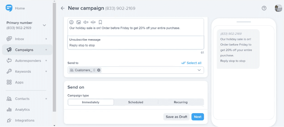 SimpleTexting new campaign