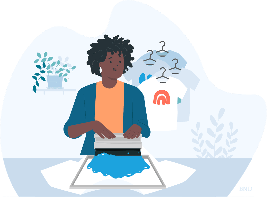 graphic of clothing designer silkscreening a t-shirt