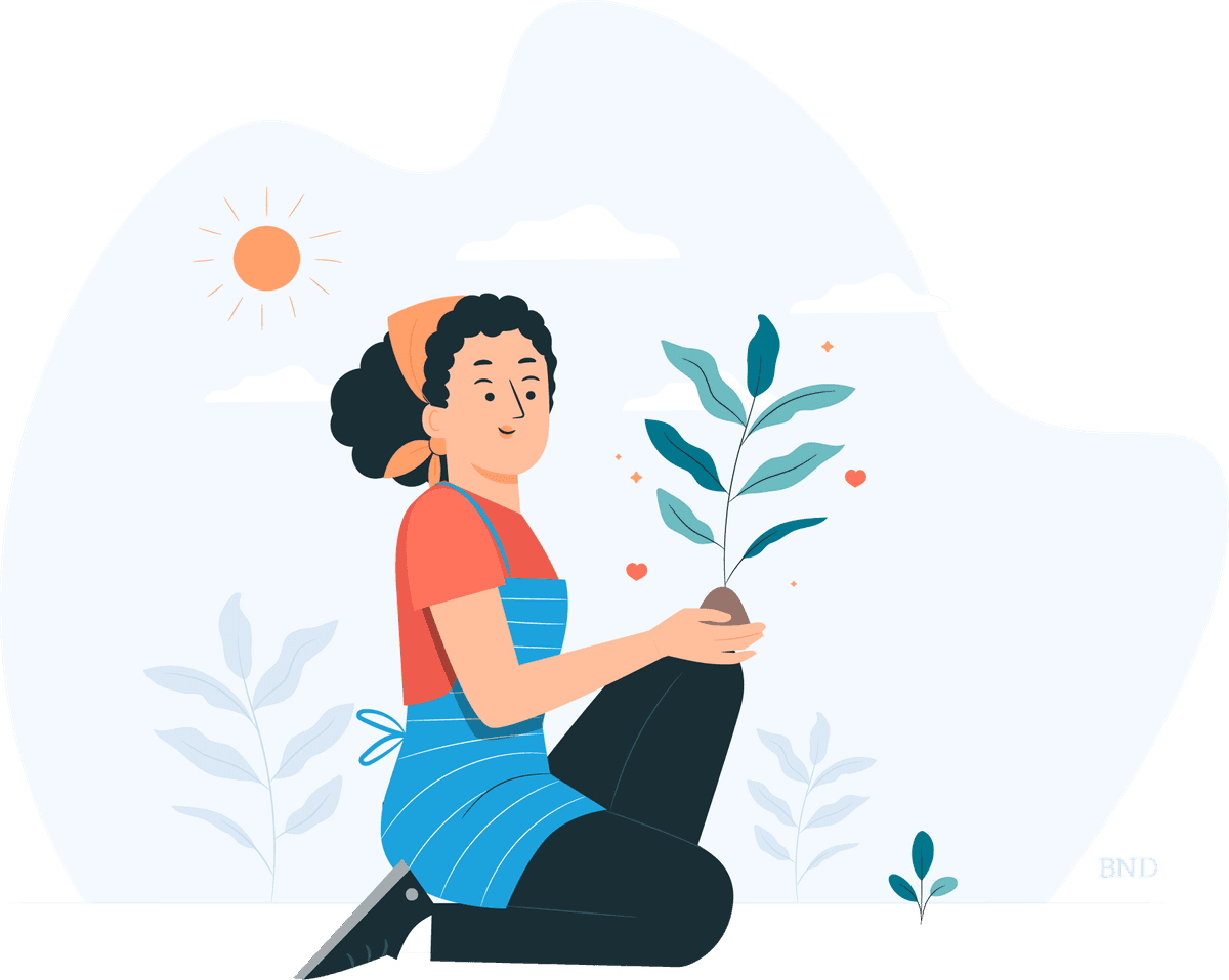 graphic of a gardener in an apron holding a green leafed plant