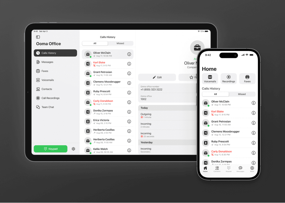Ooma app on a tablet and a smartphone