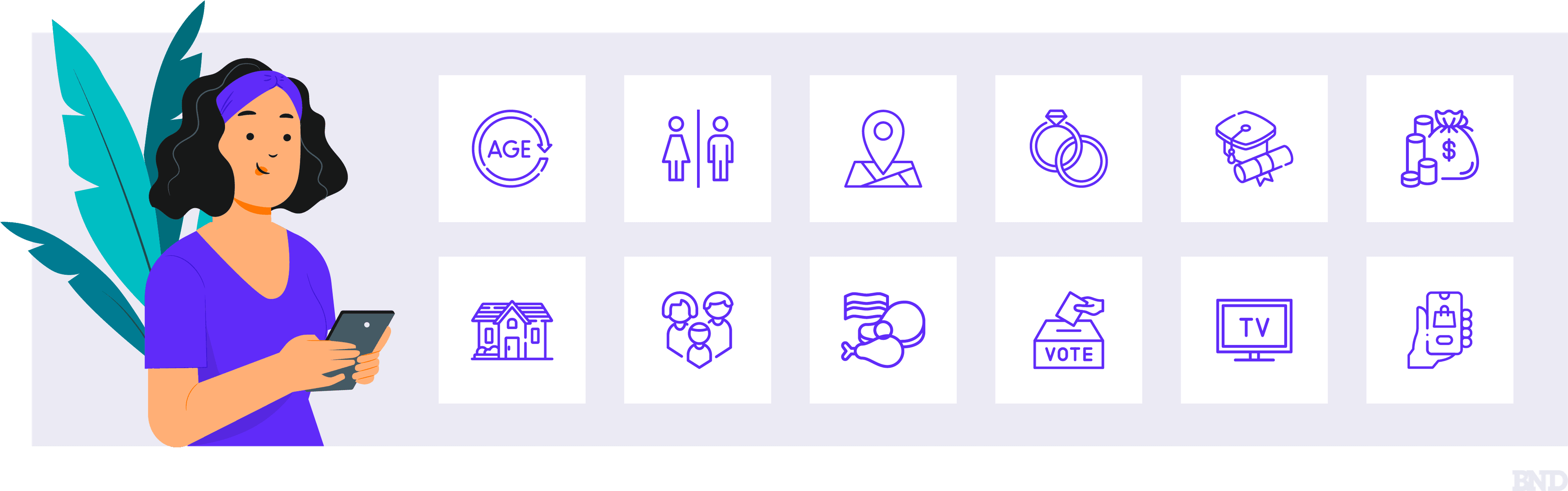 Woman standing next to demographic data symbols