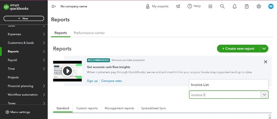 Quickbooks invoice list