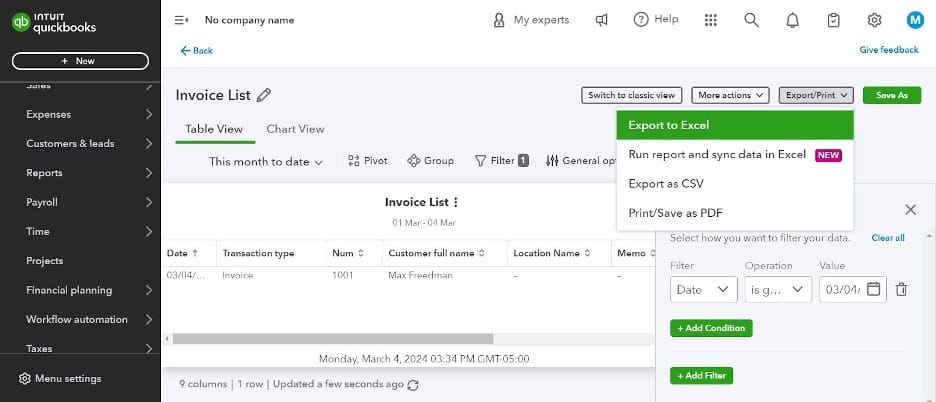 Quickbooks export to Excel