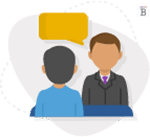 graphic of someone being interviewed with a word bubble above their head