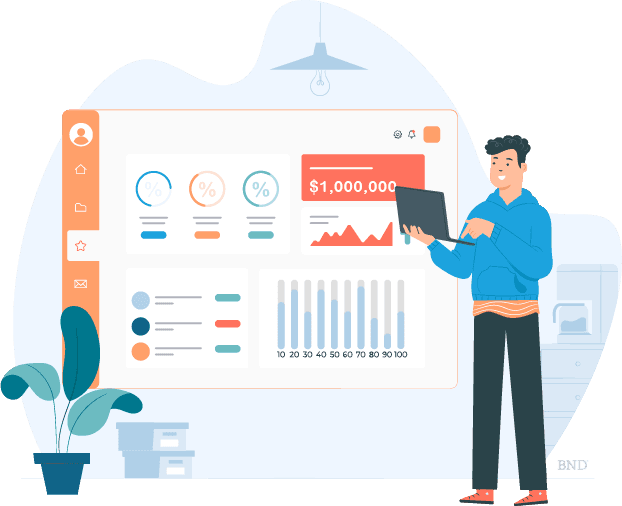 graphic of a businessperson standing in front of a series of graphs and charts