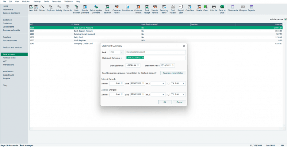Sage 50 bank accounts
