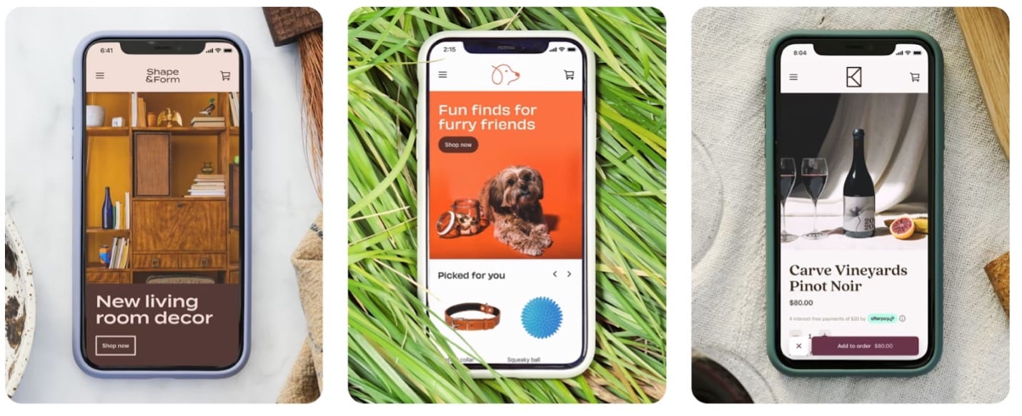 Various online store websites displayed on smartphones