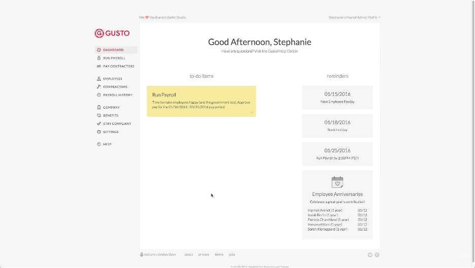 Gusto dashboard