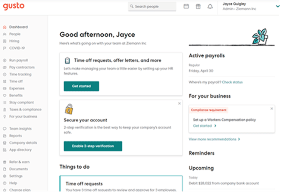 Gusto dashboard