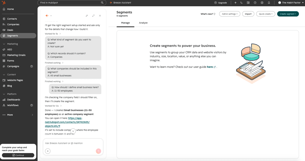 HubSpot CRM's Breeze Assistant creating an active company segment based on employee count