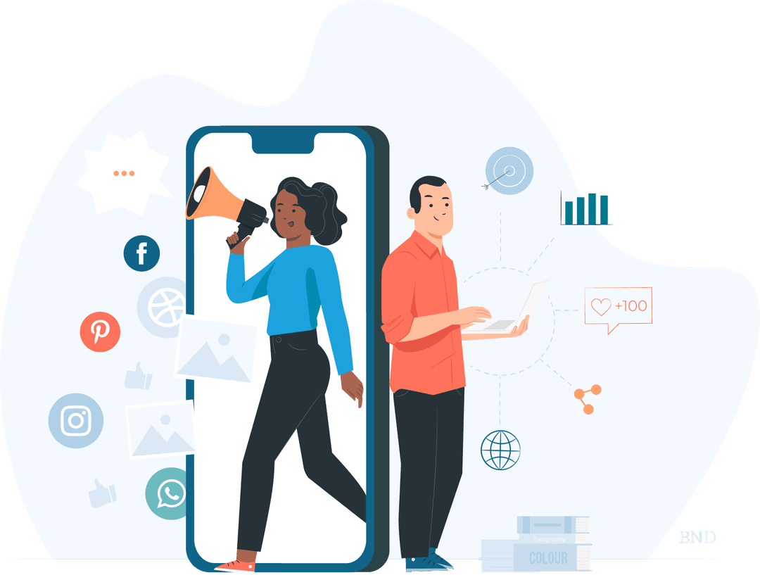 graphic of a person standing inside of a smartphone holding a megaphone