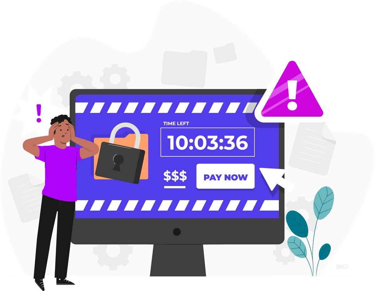 graphic of a frazzled person standing in front of a computer screen with a padlock on it