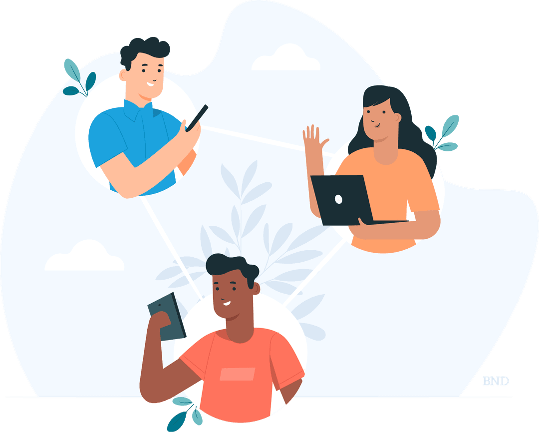 graphic of people communicating with each other via smartphone, laptop and tablet.