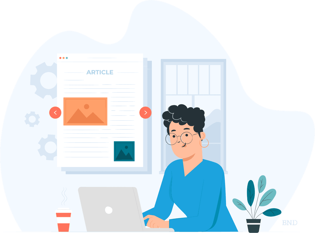 graphic of a person sitting at a laptop next to a website screen near their head