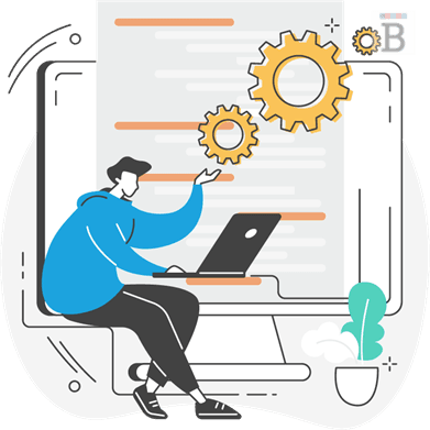 graphic of person using a laptop near large gears