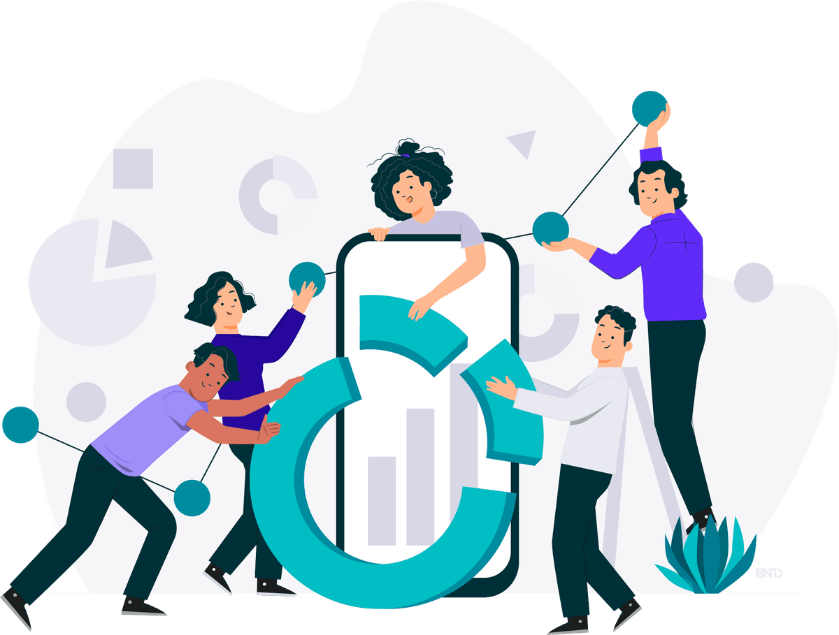 graphic of colleagues working together in front of a smartphone to put together the pieces of a circle