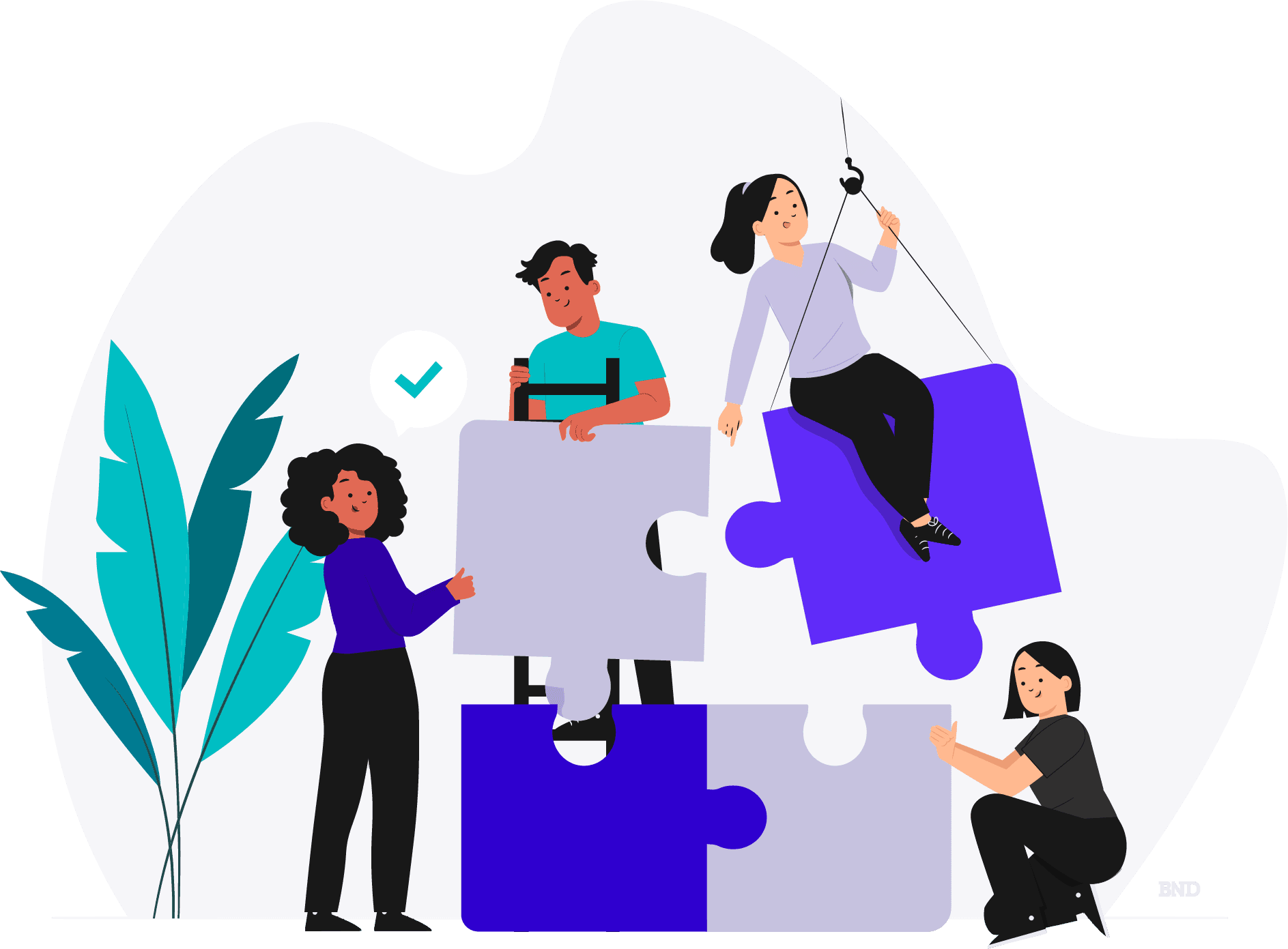 graphic of people working to put large puzzle pieces together