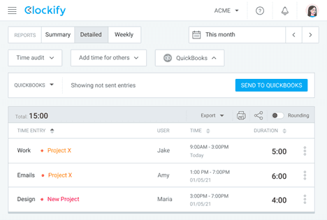 Clockify time clock entries