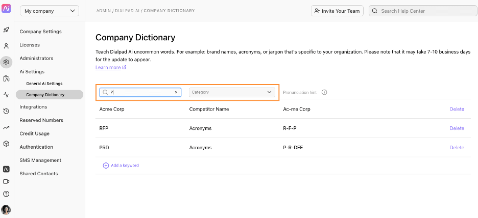 Dialpad company dictionary