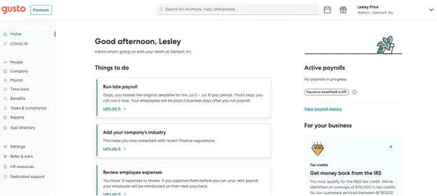 Gusto home dashboard