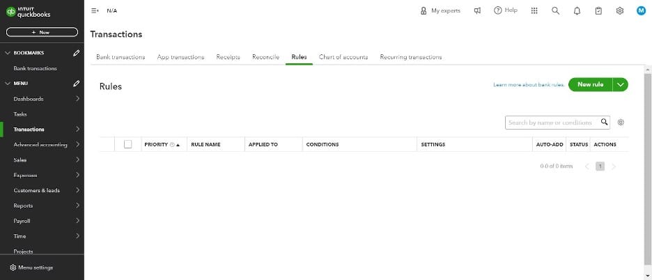 Quickbooks transactions screen