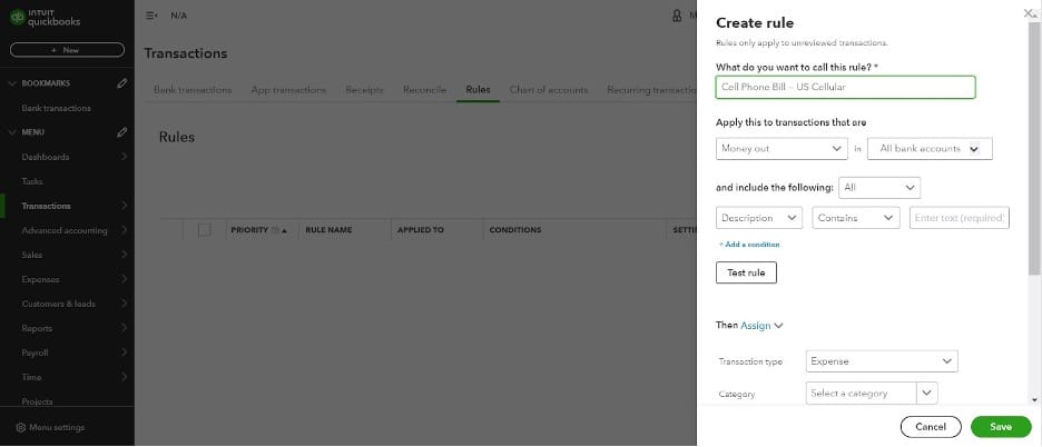 Quickbooks apply this to transactions that are section