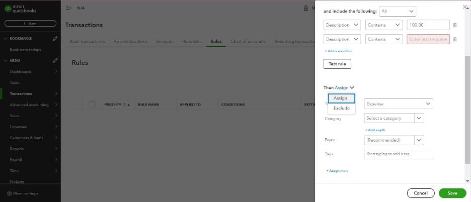 Quickbooks assign or exclude