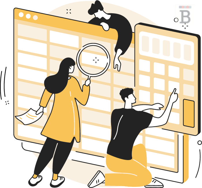 graphic of people looking at large spreadsheets