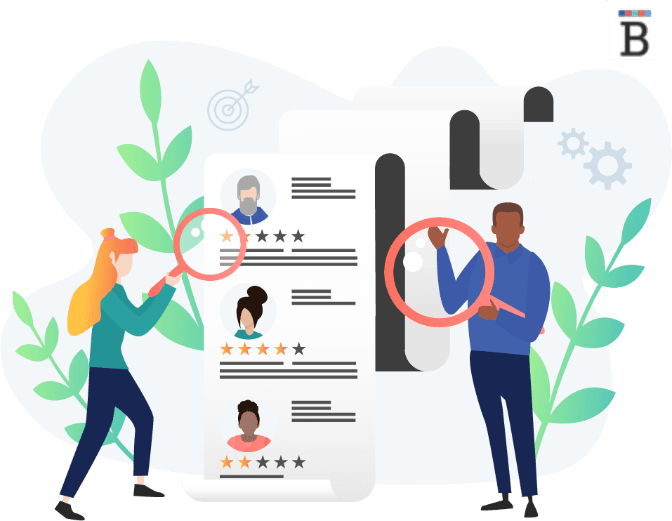graphic of people in front of job applications holding large red circles